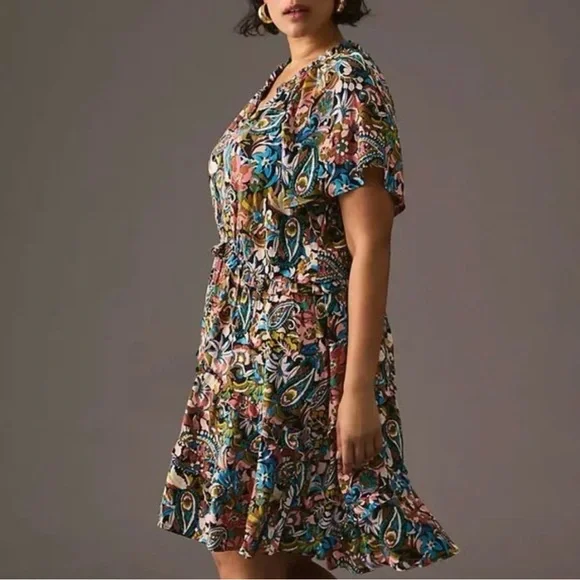 XL By Anthropologie-Robin green blue + pink Paisley tiered ruffle mini dress.XL - Picture 5 of 16